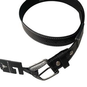 NWT American Bison Blk Leather Western Belt Basket Weave Engraved Buckle M 34-36